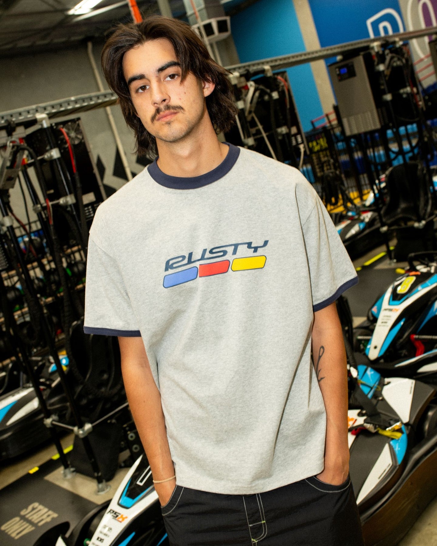 Rusty Lights Out Ringer SS Tee - Grey Marle - Star Surf + Skate