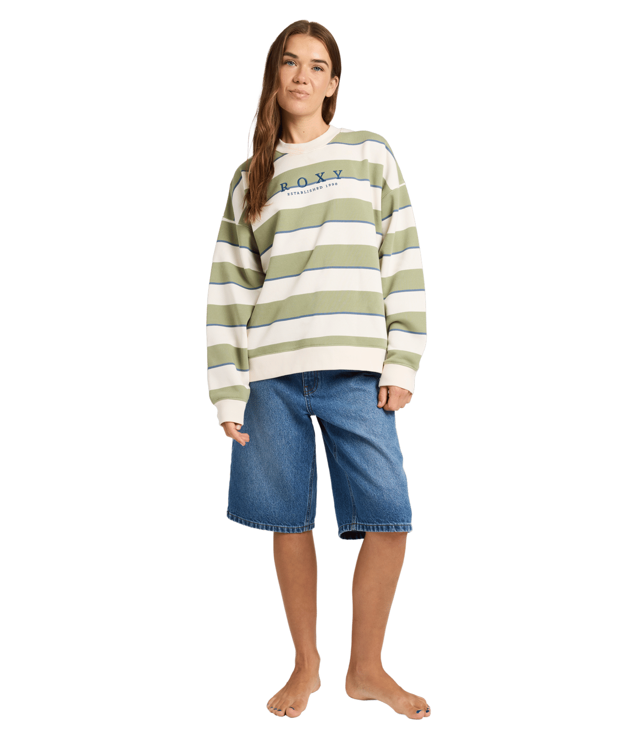 Roxy Strictly Stripes Oversized Crew - Oil Green