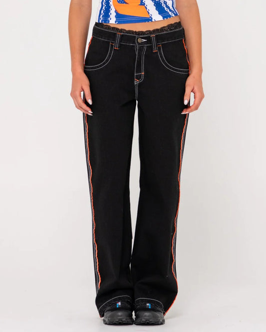 Rusty Flip Mommy Low Rise Wide Leg Denim Pant - Blackout/Orange - Star Surf + Skate