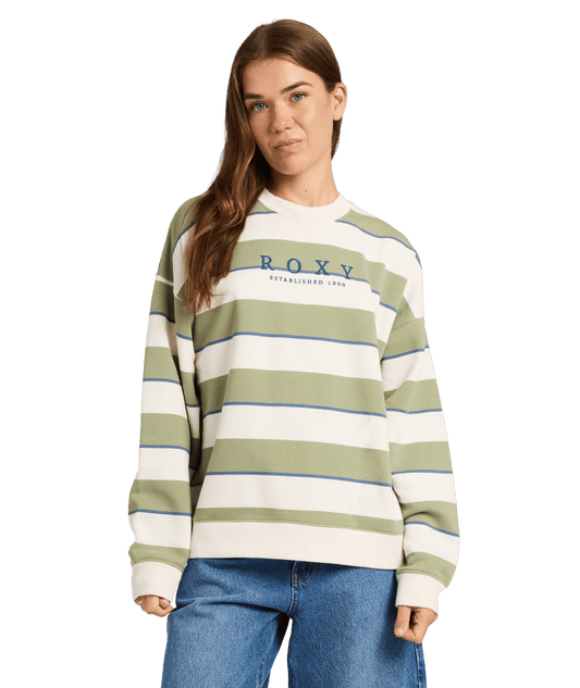 Roxy Strictly Stripes Oversized Crew - Oil Green